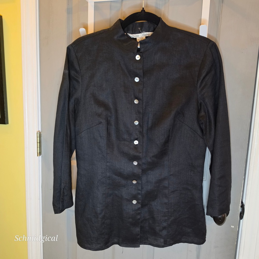 Nikki Valenti Black 100% Irish Linen Mandarin Collar Embroidered Jacket Size 8